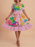 Damen Sommerkleid mit floralem Puffärmel und taillierbarem Gürtel EB