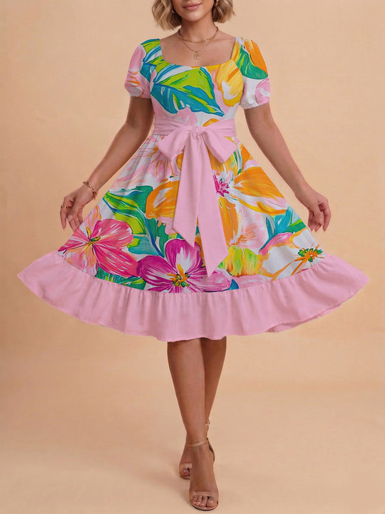 Damen Sommerkleid mit floralem Puffärmel und taillierbarem Gürtel R&B