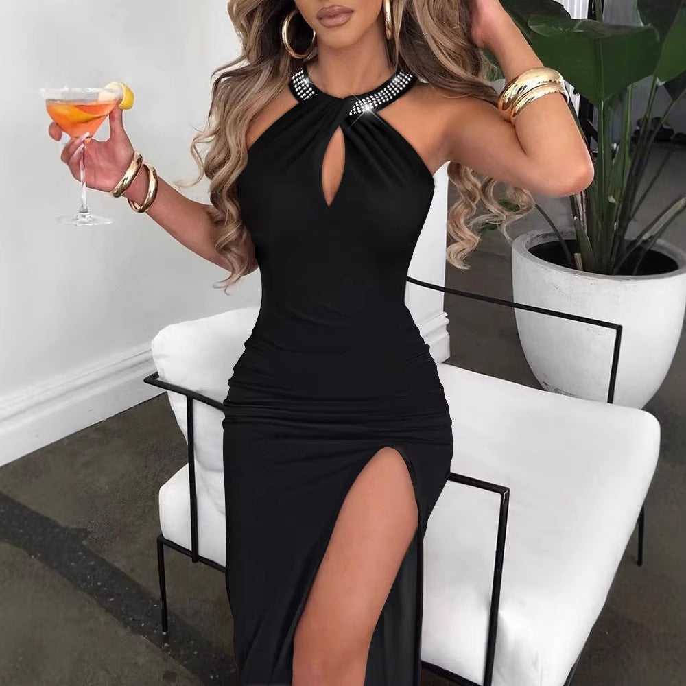 Damen Elegantes Schlauchkleid mit Strassdetails und sexy Beinschlitz R&B