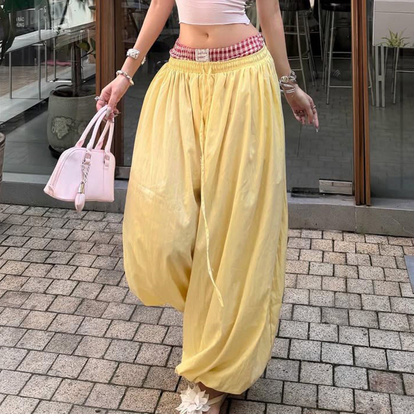 Damen Bequeme Palazzo-Hosen mit elastischem Bund und verstellbarem Kordelzug R&B