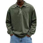 Herren nan lässiges Poloshirt-Sweatshirt mit Kragen, Vintage-Waschung und dreiteiliger Knopfleiste R&B