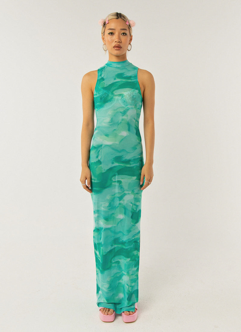 Damen elegantes Maxikleid mit hohem Kragen und fließendem Schnitt R&B