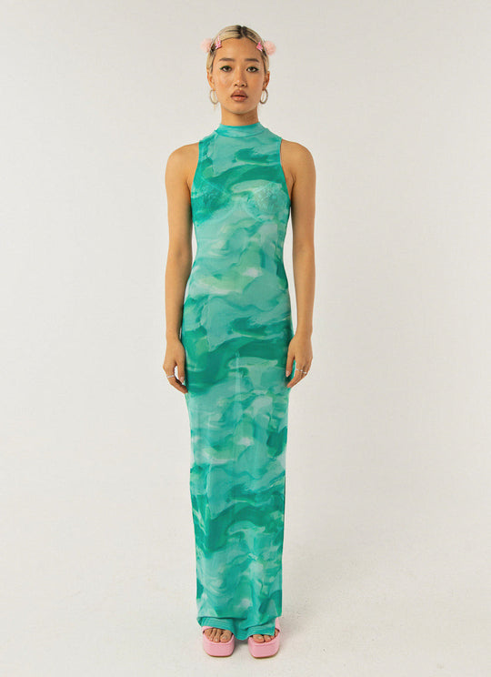 Damen elegantes Maxikleid mit hohem Kragen und fließendem Schnitt R&B