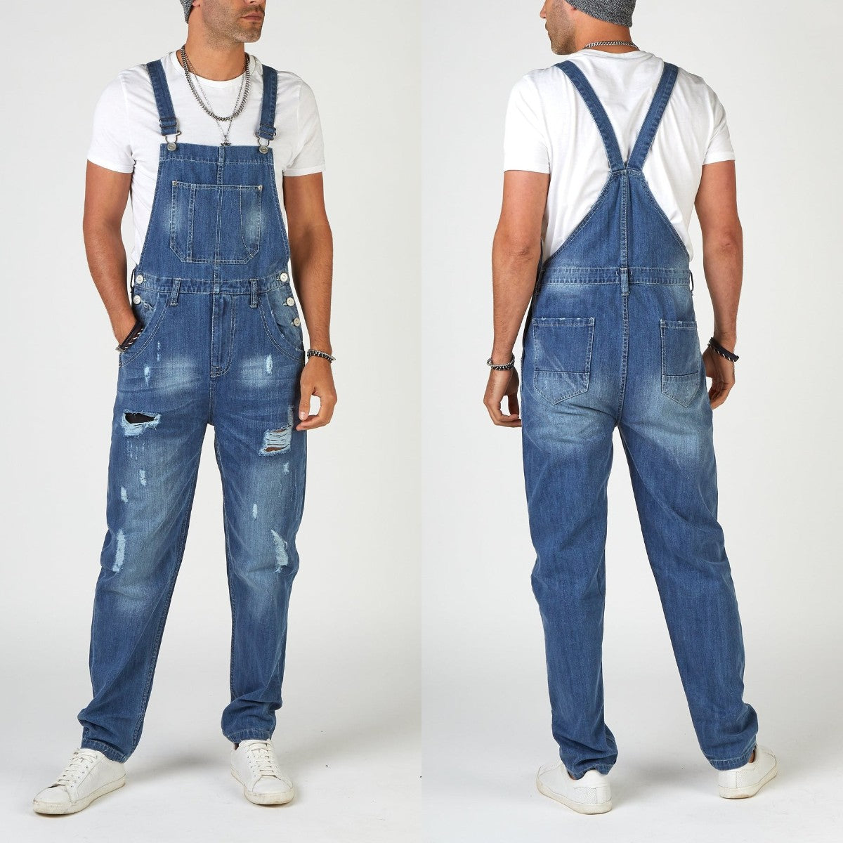 Herren Jeans-Latzhose aus gewaschenem Denim mit Rissdetails