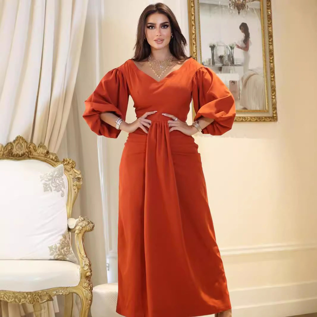 Damen Elegantes Maxikleid mit voluminösen Ärmeln und taillierter Drapierung