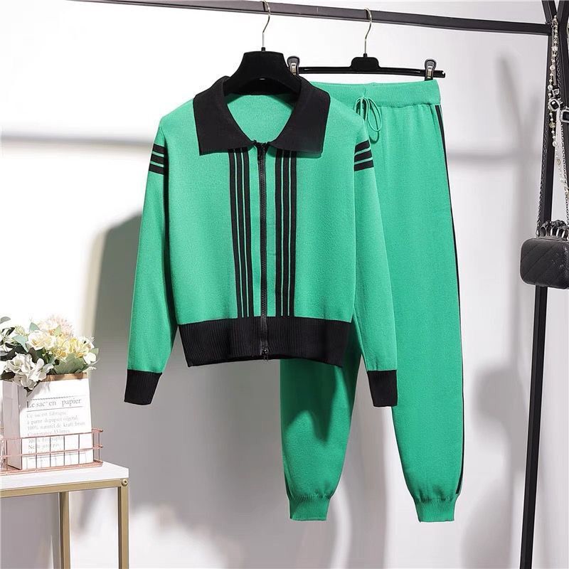 Damen modisches Strick-Loungewear-Set mit Reißverschluss und sportlichen Details R&B