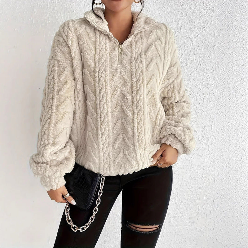 Damen kuscheliger Fleece-Pullover mit hochgeschlossenem Kragen und Reißverschluss R&B