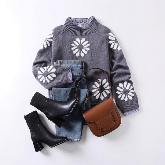 Damen Strickpullover mit floralem Motiv und modernem Rundhalsausschnitt R&B