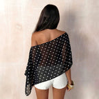Damen nan einseitig schulterfreies Chiffon-Top mit Punkte-Mesh, bauchfreiem Schnitt und asymmetrischem Saum R&B