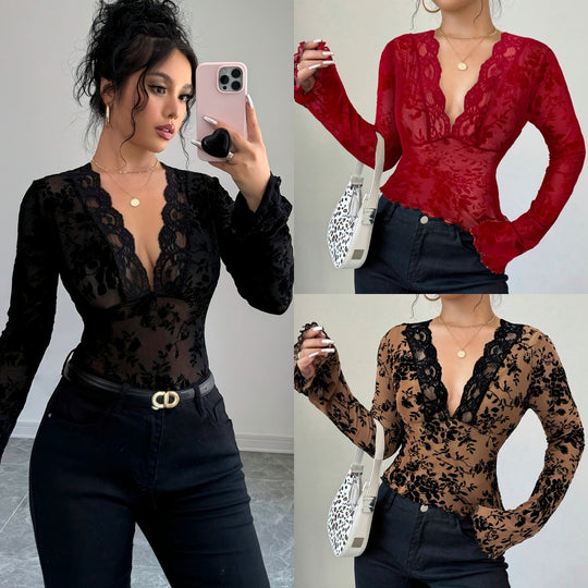 Damen Elegantes Spitzenoberteil mit tiefem V-Ausschnitt und Rüschendetails R&B