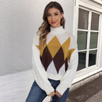 Damen modischer Strickpullover mit geometrischem Muster und hohem Kragen R&B