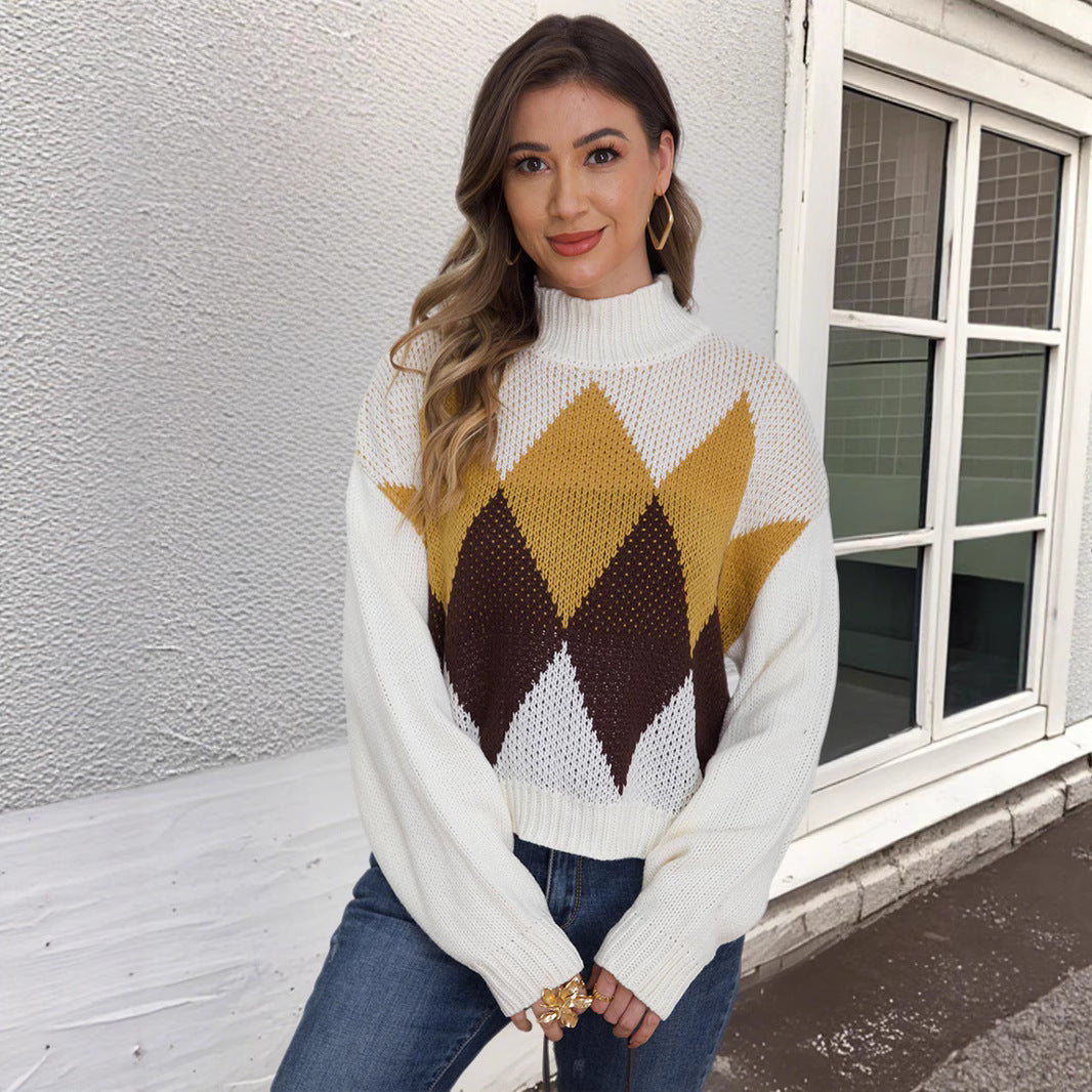 Damen modischer Strickpullover mit geometrischem Muster und hohem Kragen R&B
