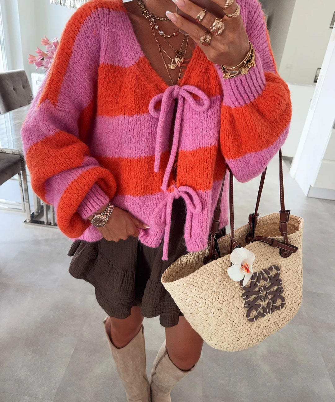 Damen lockere Strickjacke mit breiten Streifen und Bindegürtel R&B