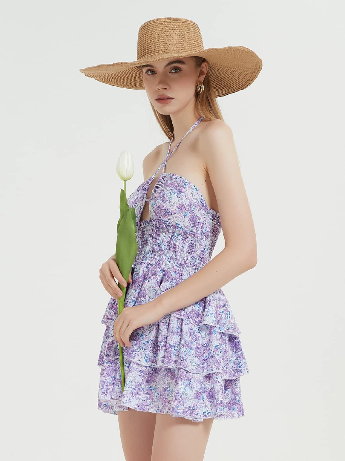 Damen Rüschenkleid mit trägerlosem Design und floralem Muster R&B