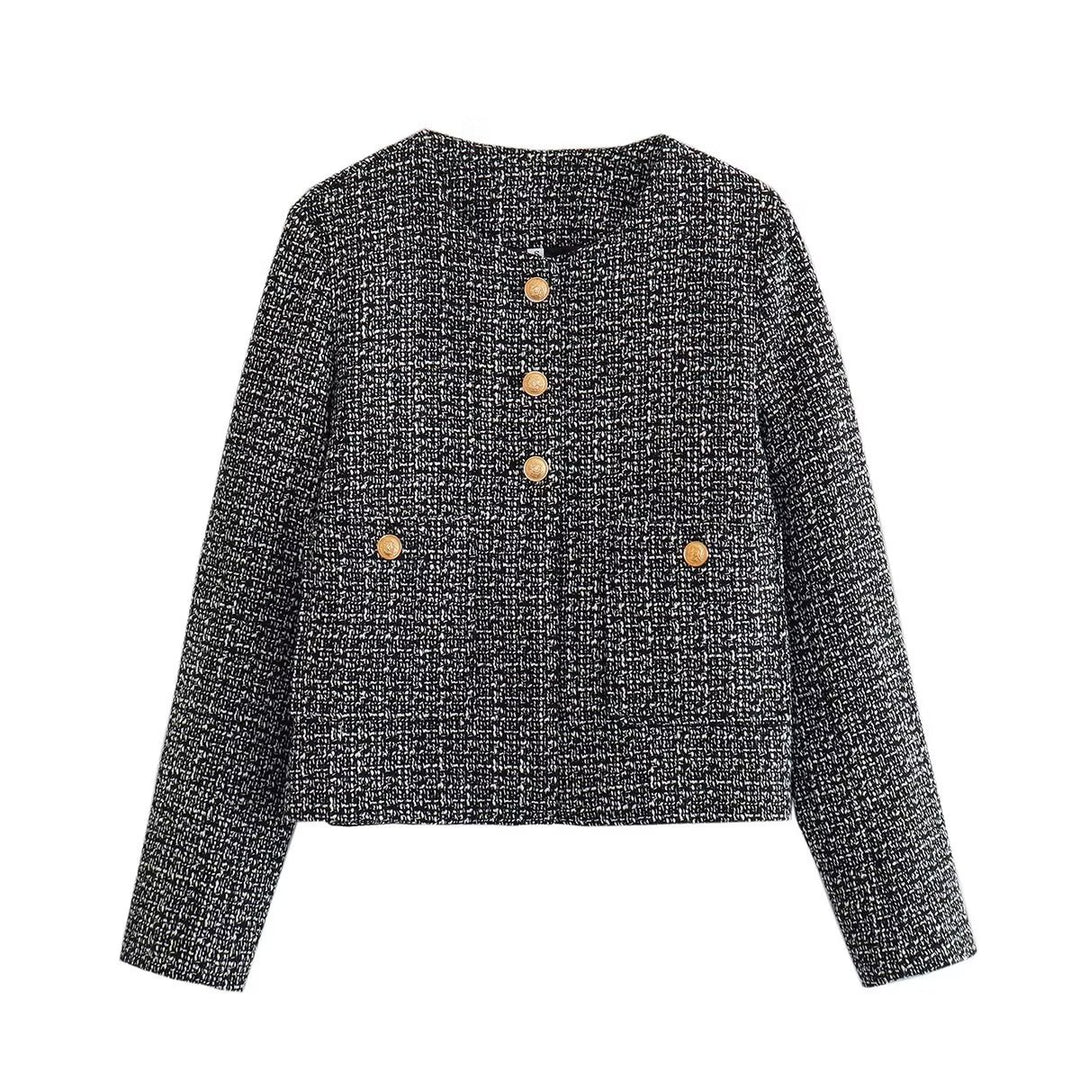 Damen Kurze Tweedjacke mit dekorativen Knöpfen R&B