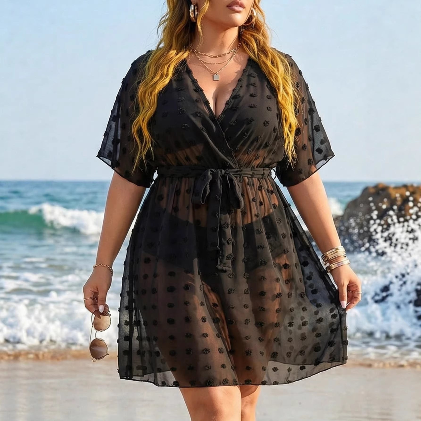 Damen transparenter Strandüberwurf mit floralen Applikationen R&B