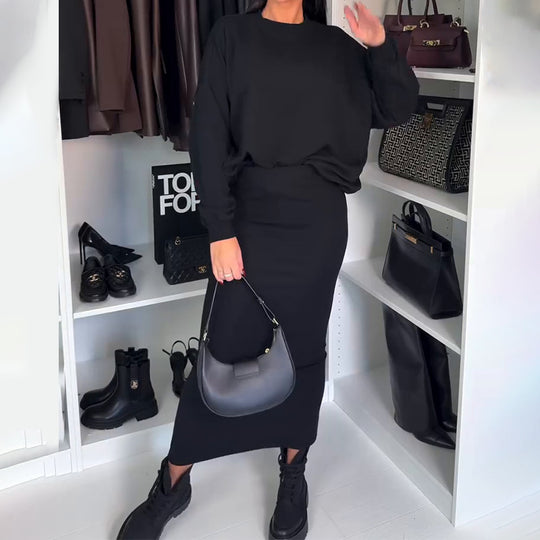 Damen Oversized Pullover und Maxi-Rock Set R&B
