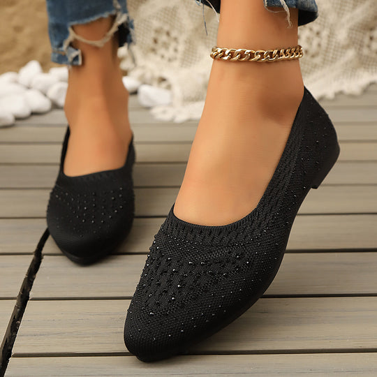 Damen elegante Ballerinas mit modischem Strass-Detail und atmungsaktiver Strickoberfläche R&B