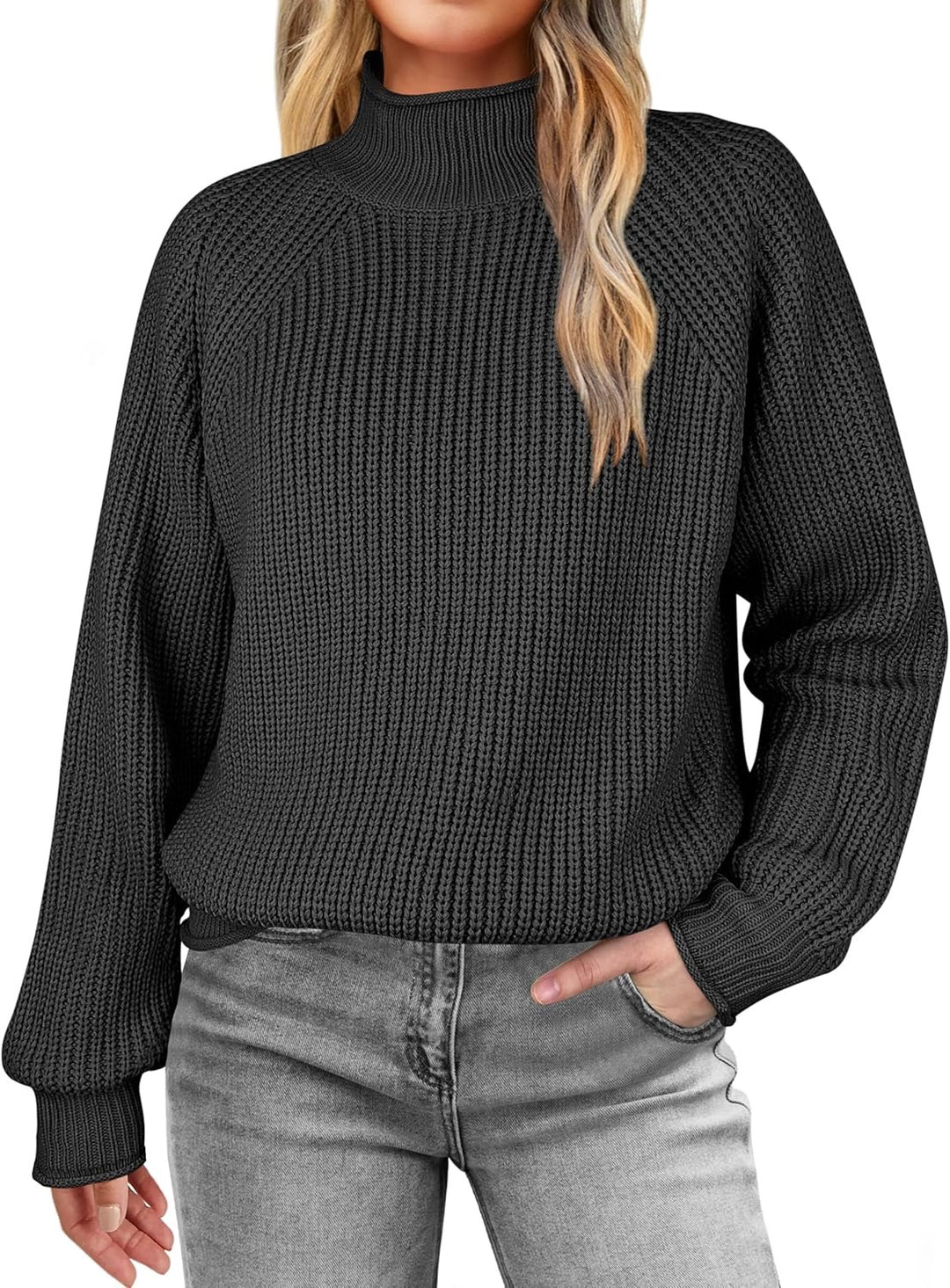 Damen modischer Strickpullover mit hohem Kragen und strukturierter Oberfläche R&B
