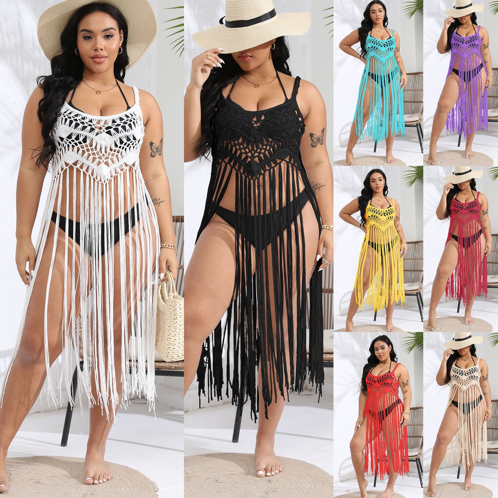 Damen gehäkelter Strandüberwurf mit fransenverziertem Design R&B
