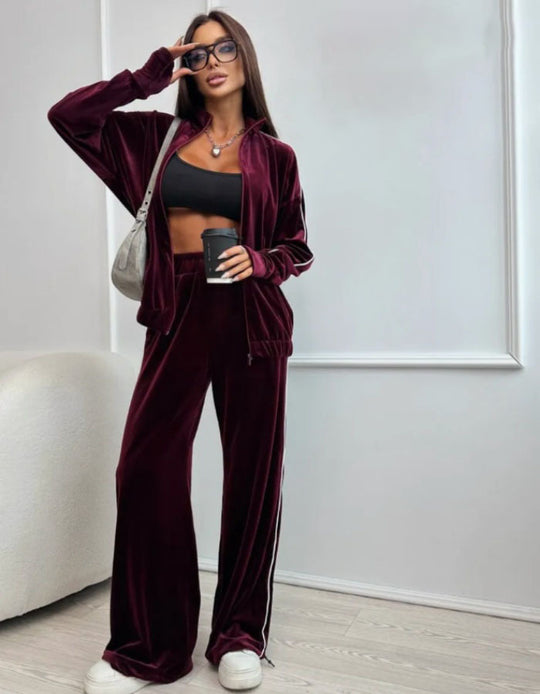 Damen elegantes Velours-Loungewear-Set im sportlichen Design mit kontrastierenden Streifen R&B