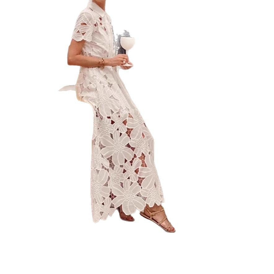 Damen nan langes Spitzenkleid mit Hemdblusenkragen, floraler ausgeschnittener Spitze und Bindegürtel R&B