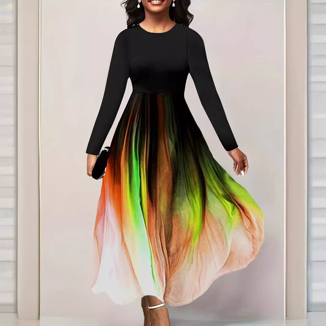 Damen Elegantes Maxikleid mit kreativer Farbverlauf-Optik und langen Ärmeln R&B