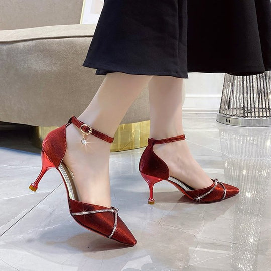 Damen elegante Ballerinas mit zierlichem Knöchelriemen und funkelndem Akzent R&B