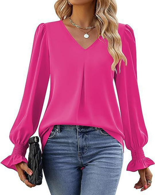 Damen fließende V-Ausschnitt Bluse mit eleganten Puffärmeln R&B