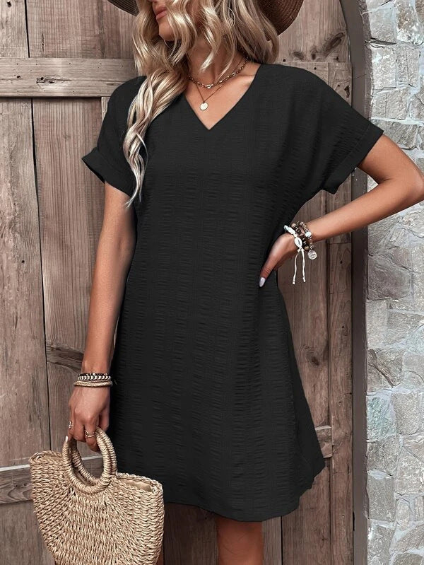 Damen V-ausschnitt Freizeitleinenkleid mit kurzen Ärmeln R&B