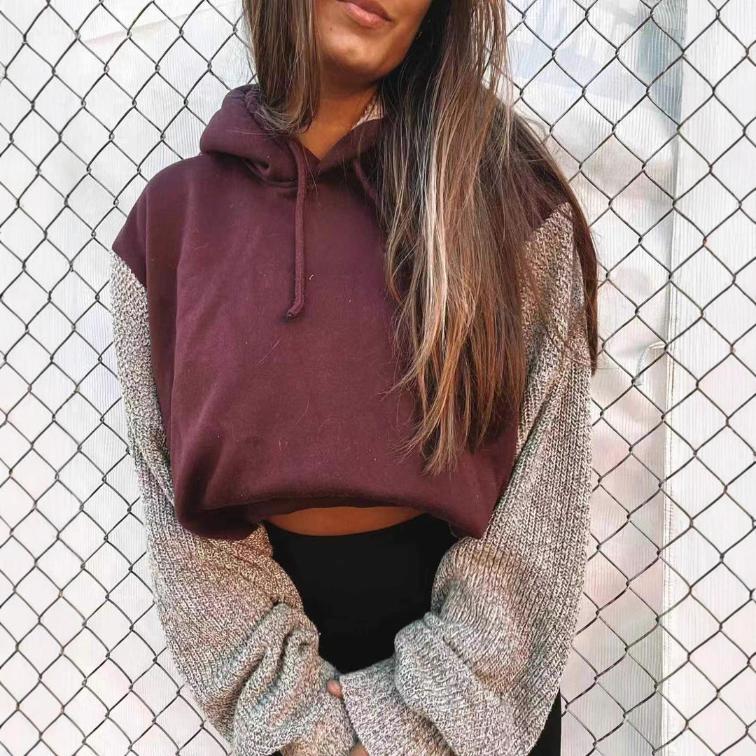 Damen nan Kapuzen-Cropped-Pullover mit weitgeschnittenen Strickärmeln und Kordelzug R&B