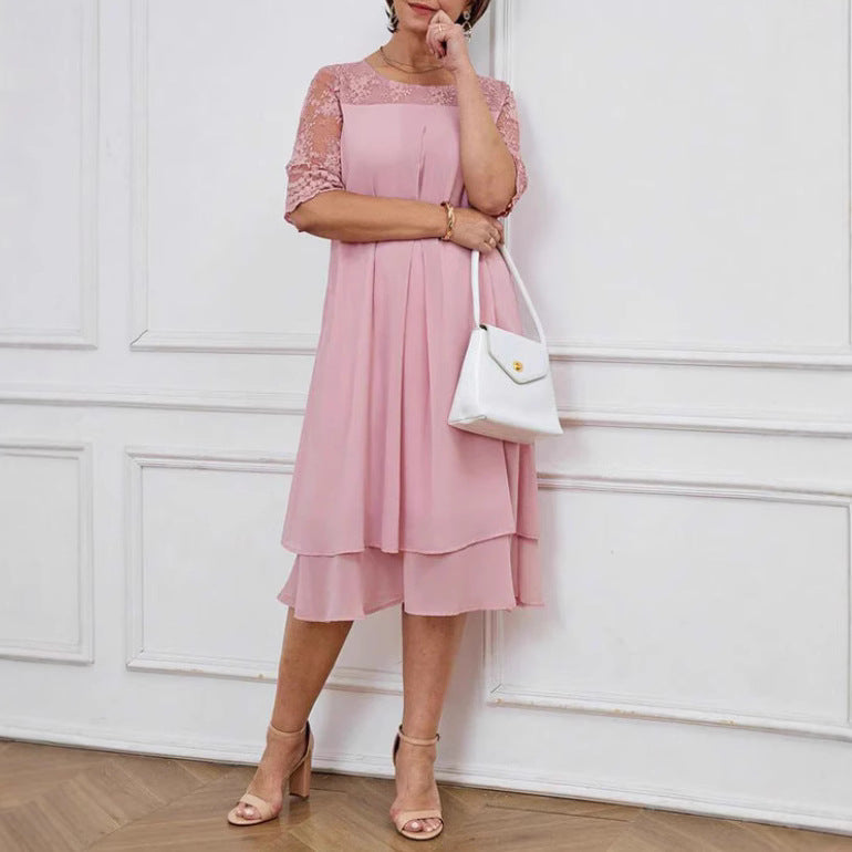 Damen nan A-Linien-Chiffonkleid mit floral bestickter Spitzenpasse, verdeckter Mittelnahtfalte und mehrlagigem Volant R&B