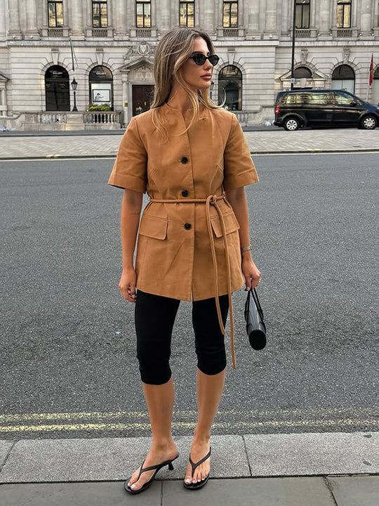 Damen modische Übergangsjacke mit Gürtel und praktischen Taschen R&B