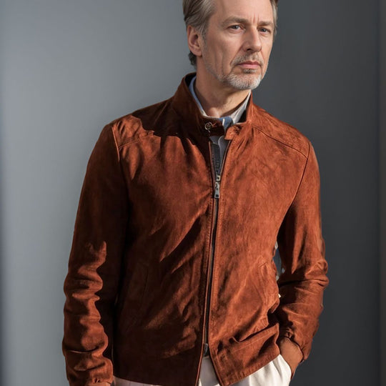 Herren lässige Wildlederjacke mit Stehkragen und seitlichen Reißverschlusstaschen R&B