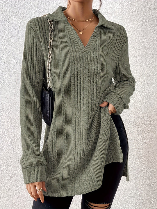 Damen Langarm Shirt mit strukturiertem V-Ausschnitt und schmalen Rippdetails R&B