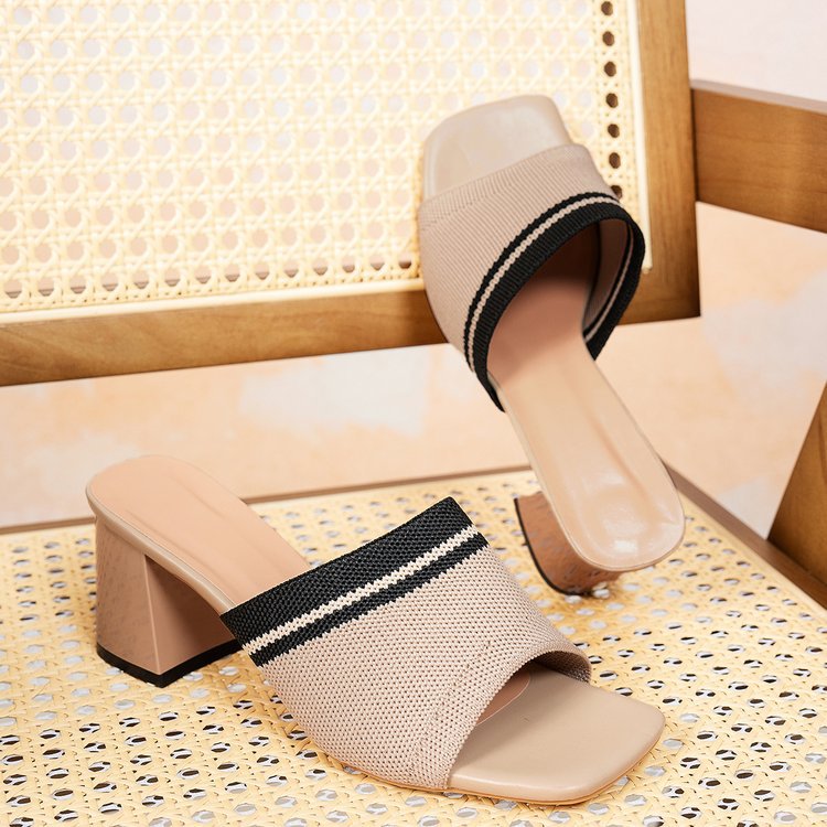 Damen elegante Mules mit Blockabsatz und modischem Gewebemuster R&B