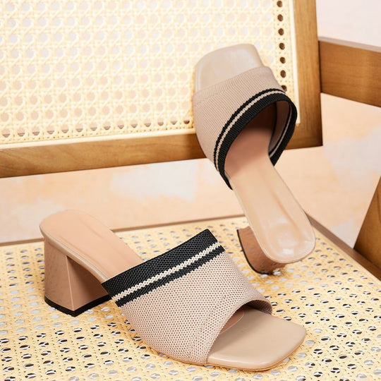Damen elegante Mules mit Blockabsatz und modischem Gewebemuster R&B