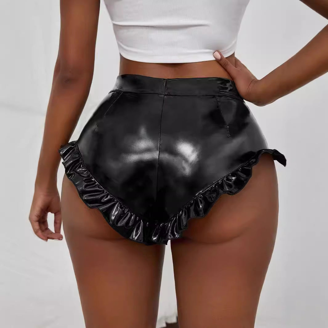 Damen Kunstleder-Shorts mit Rüschendetails und hohem Bund R&B