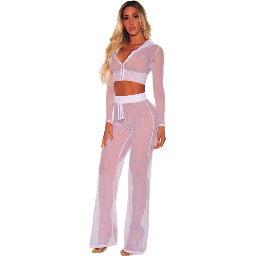 Damen Transparente Lounge-Hose mit Reißverschluss und Hohem Bund R&B