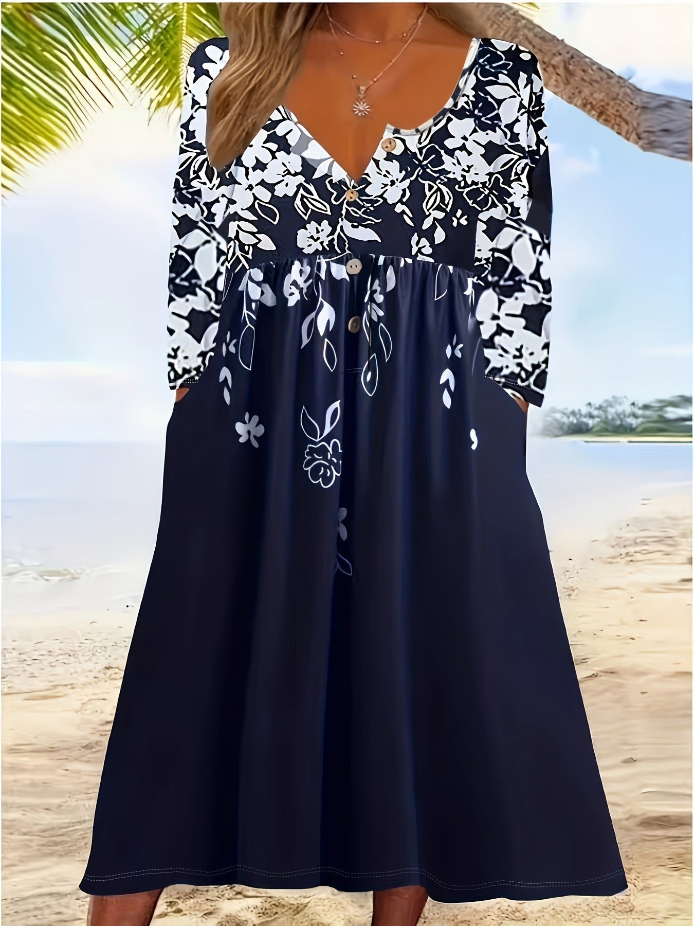 Damen Maxikleid mit floralem Design und eleganten Knopfdetails R&B