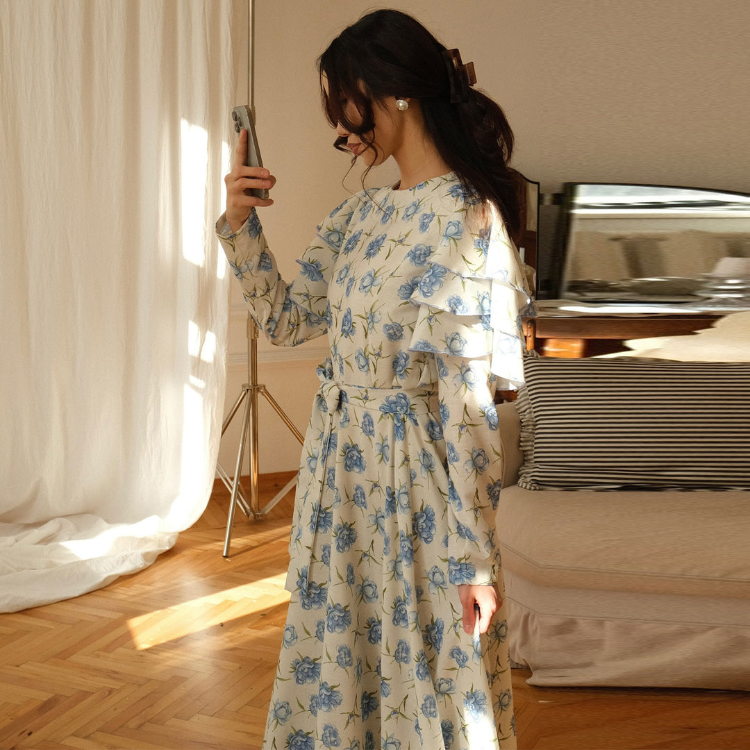 Damen Maxi-Kleid mit romantichem Rüschendesign und floralen Details R&B