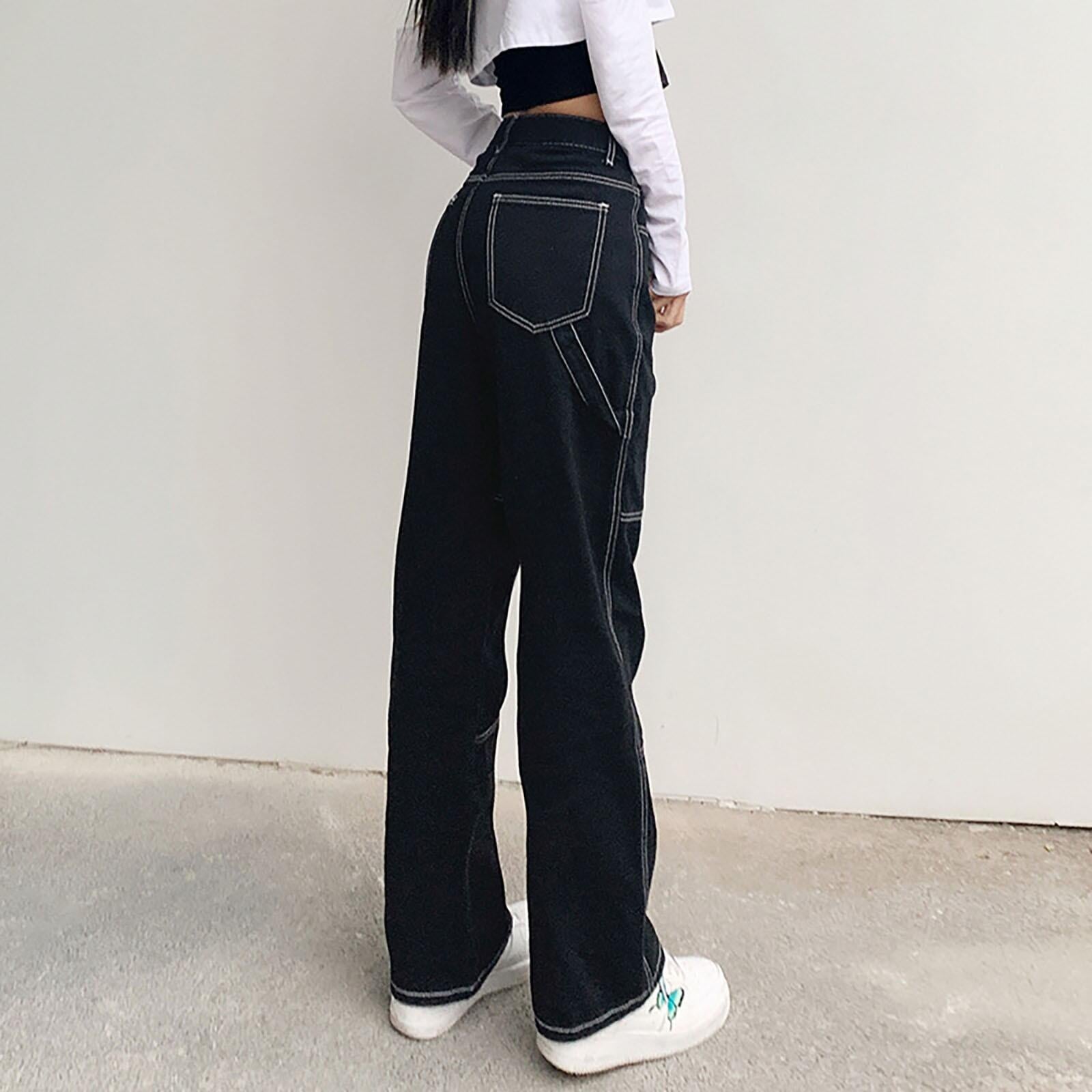 Damen weite Jeans mit modischen Kontrastnähten R&B