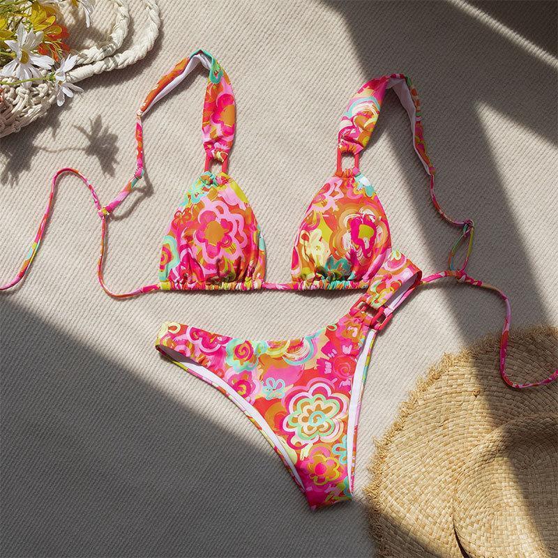 Damen Triangel-Bikini mit buntem floralem Design und verstellbaren Trägern R&B