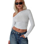Damen Off-Shoulder Raffungsshirt mit langen Ärmeln und elegantem Design R&B