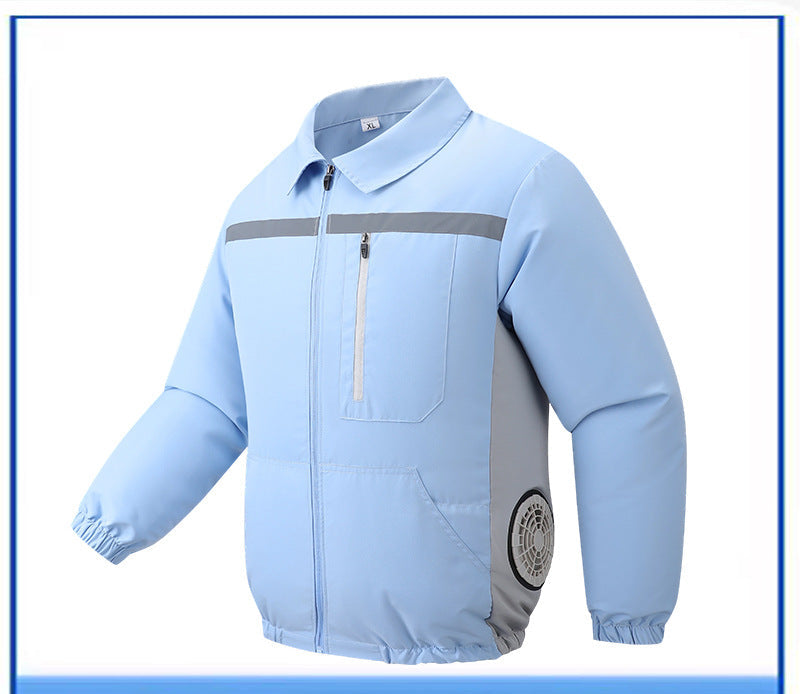 Unisex nan ventilated work cooling jacket with side vent inserts, removable battery compartment and reflective inserts R&B