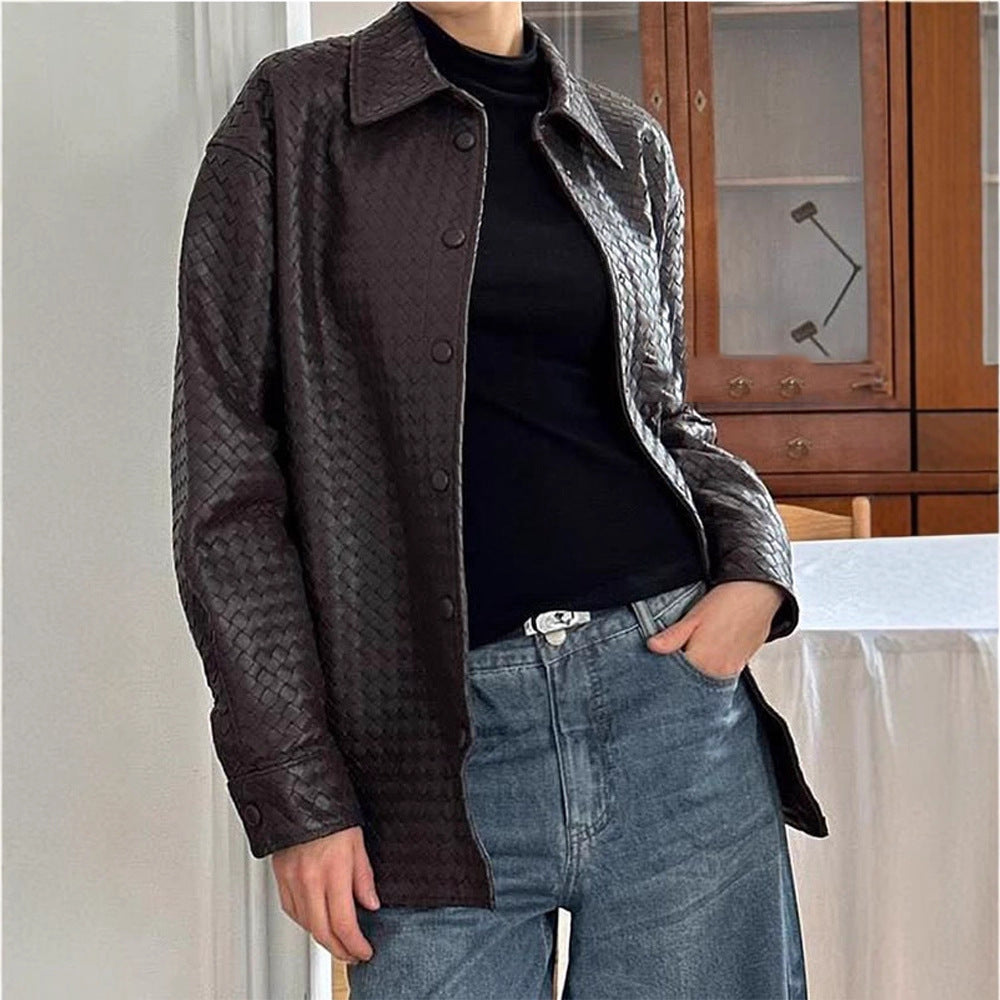 Damen lässige Kunstleder-Jacke mit geflochtenem Design und praktischen Druckknöpfen R&B
