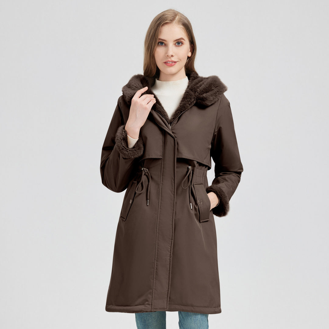 Damen Eleganter und warmer Parka mit abnehmbarem Kunstfellkragen und praktischen Schnürdetails R&B
