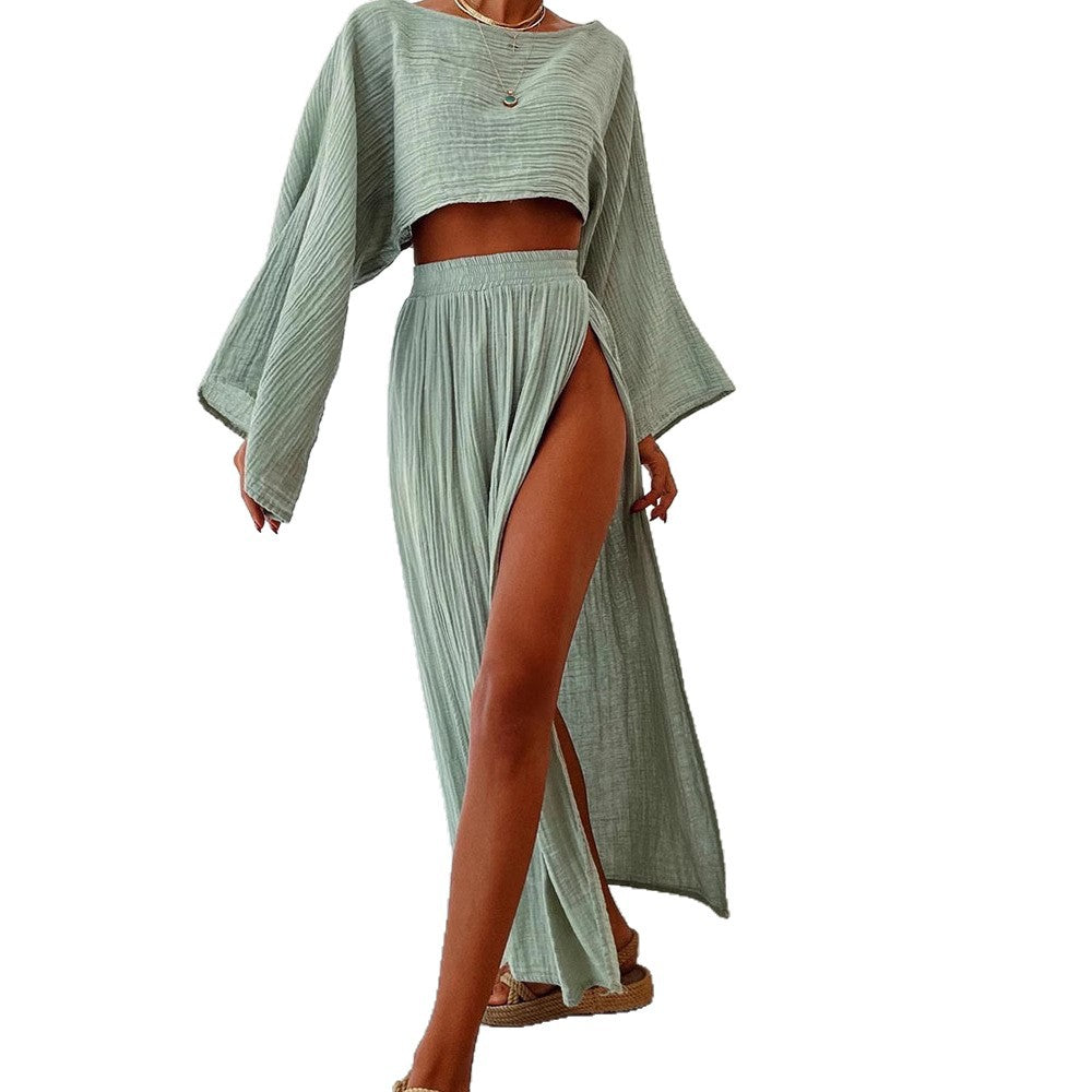 Damen luftiges Set aus cropped Oberteil und hoch geschnittenem Rock R&B