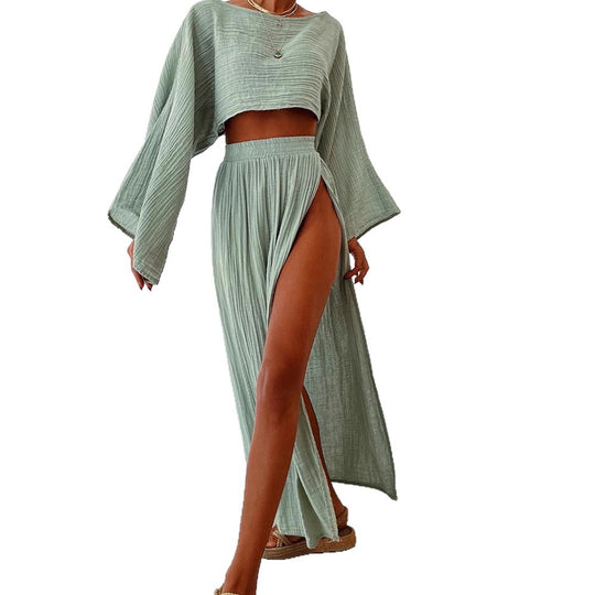 Damen luftiges Set aus cropped Oberteil und hoch geschnittenem Rock R&B