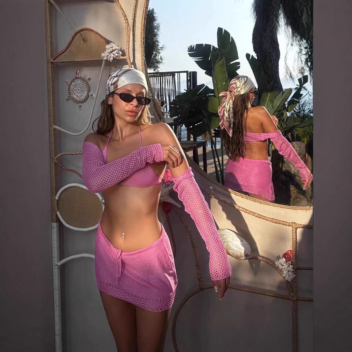 Damen Häkel-Bikini-Set mit langem Arm und passendem Rock
